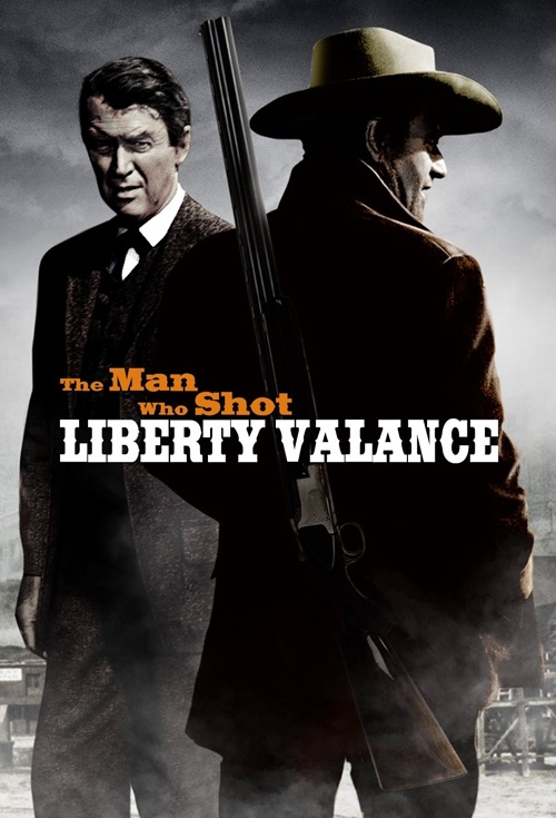 The image depicts a "noir" style movie poster featuring John Wayne and Jimmy Stewart dressed in period costume. Wayne as a cowboy and Stewart as a lawyer. Wayne is carrying a rifle on his back.    