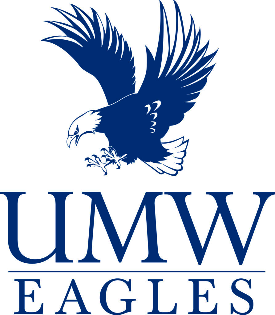 The image shows the University of Mary Washington Mascot, a blue eagle with the letters "UMW" beneath it.   